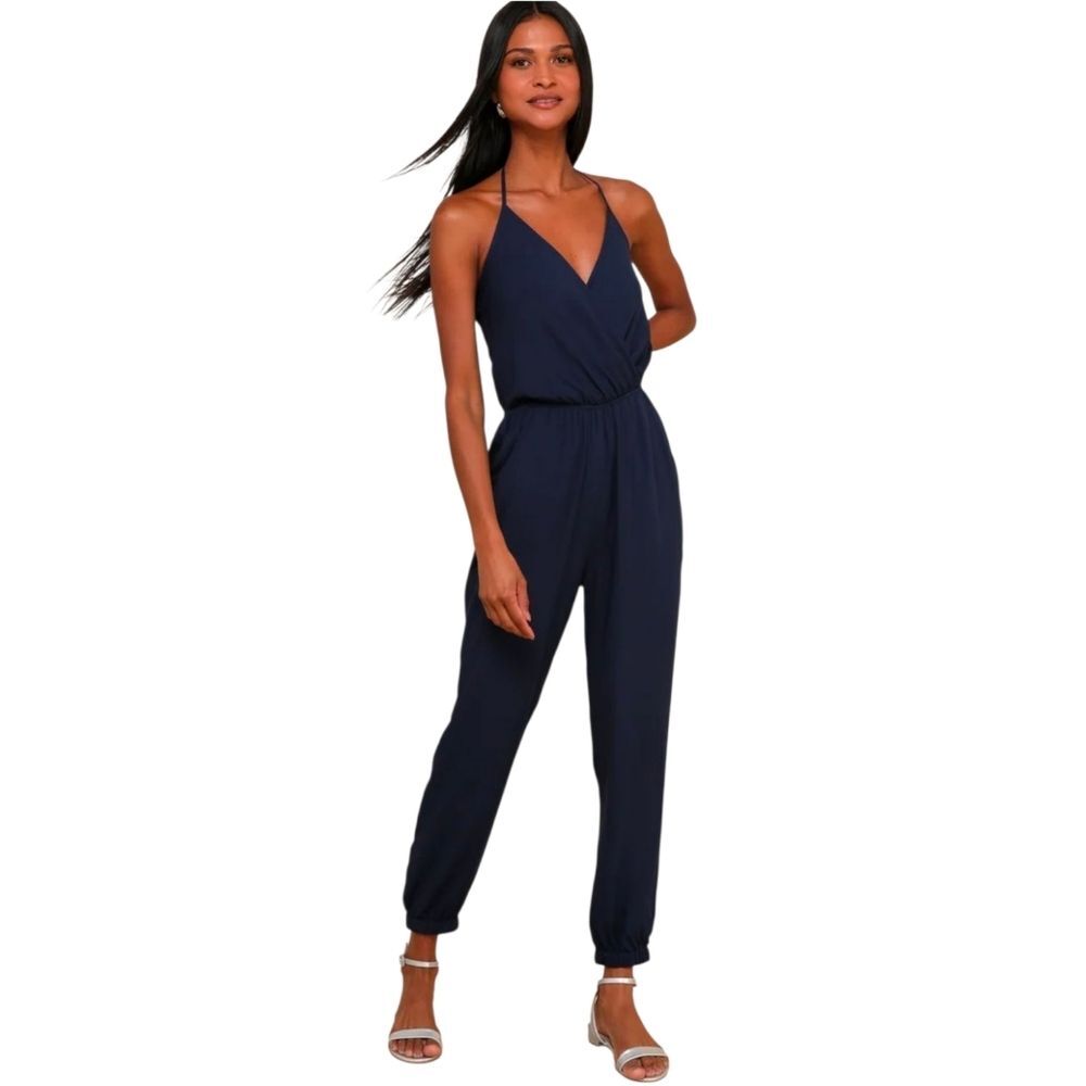 Lulus Learning to Fly Navy Blue Halter Jumpsuit Size Large